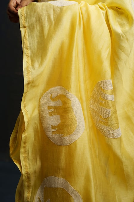 Shop_Rouka By Sreejith Jeevan_Yellow Cotton, Silk Applique, Elephant Saree With Unstitched Blouse Piece _Online_at_Aza_Fashions
