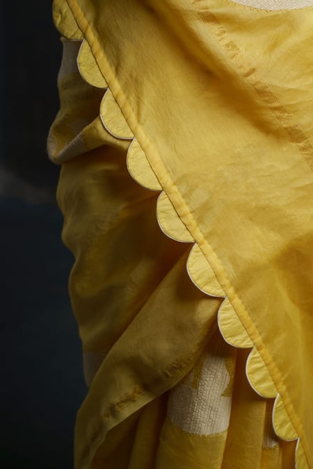 Rouka By Sreejith Jeevan_Yellow Cotton, Silk Applique, Elephant Saree With Unstitched Blouse Piece _at_Aza_Fashions