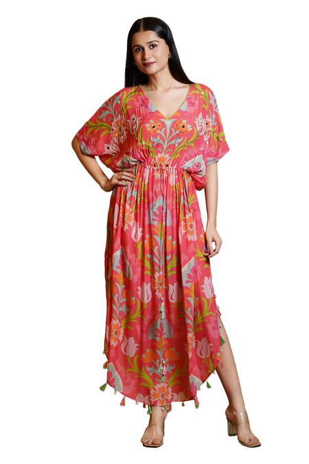 Sajeda A Lehry Coral Silk Crepe Digital Printed Sophie Lotus Hand Embroidered Kaftan Online at Aza Fashions Sajeda A Lehry_Coral Silk Crepe Digital Printed Sophie Lotus Hand Embroidered Kaftan_Online_at_Aza_Fashions