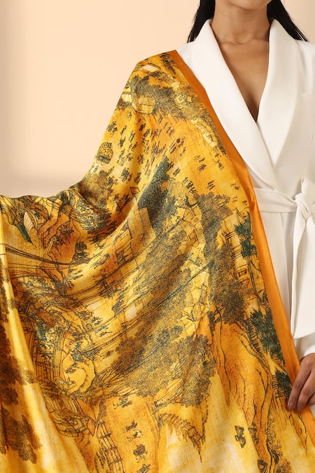 Dusala_Yellow Flora Scenic Pattern Scarf _Online_at_Aza_Fashions