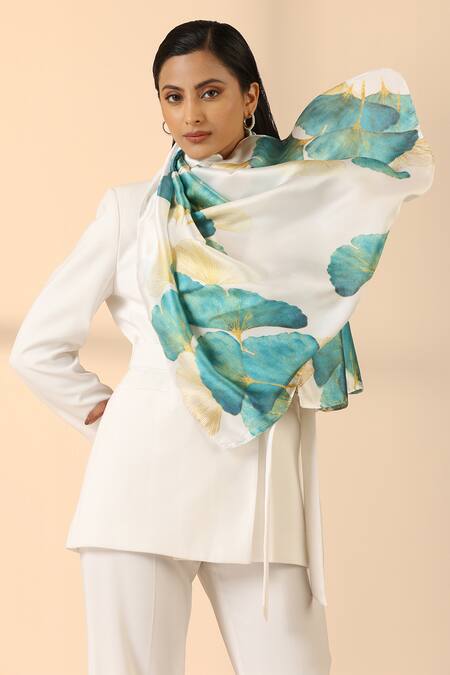 Dusala_White Dilian Blossom Pattern Scarf _Online_at_Aza_Fashions