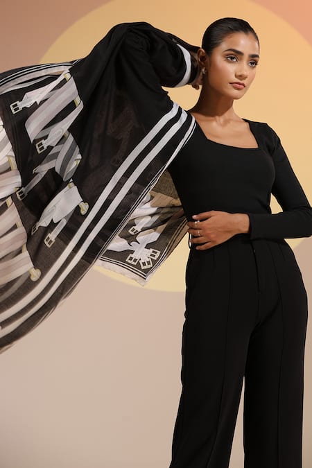 Shop Dusala Black Leili Belt Pattern Scarf at Aza Fashions Shop_Dusala_Black Leili Belt Pattern Scarf _at_Aza_Fashions