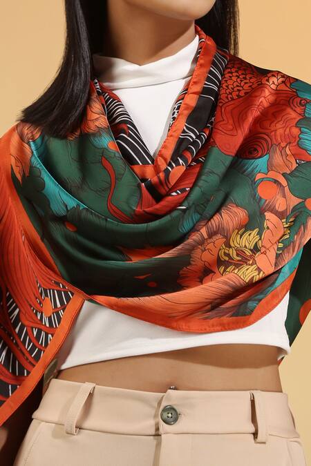 Dusala_Multi Color Espen Silk Fish Print Square Scarf_Online_at_Aza_Fashions