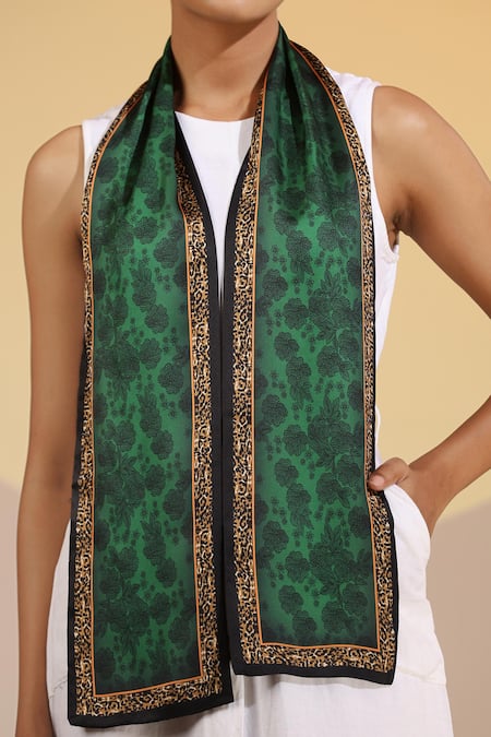 Dusala_Green Embroidery Arwa Silk Floral Neck Scarf _Online_at_Aza_Fashions