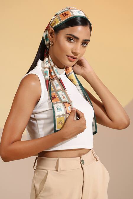 Buy_Dusala_Multi Color Auburn Silk Checkered Pattern Neck Scarf _Online_at_Aza_Fashions