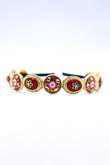 Shop Foot Fuel Red Crystals, Beads Embellished Circular Carved Brooch Hairband at Aza Fashions Shop_Foot Fuel_Red Crystals, Beads Embellished Circular Carved Brooch Hairband _at_Aza_Fashions