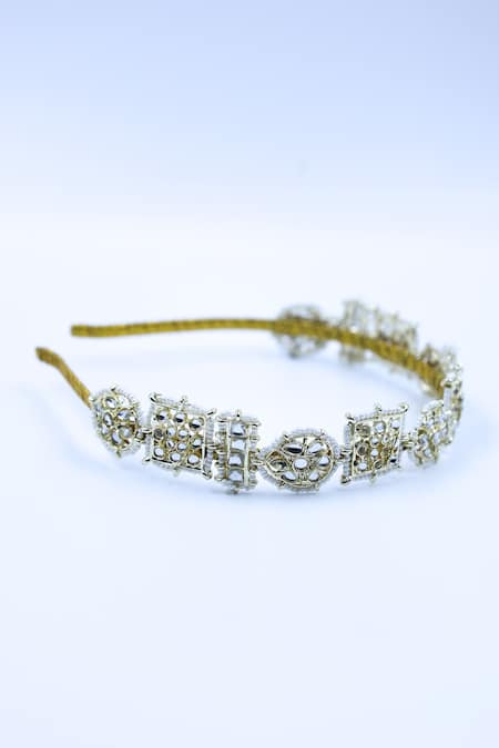 Shop Foot Fuel Gold Crystals, Beads Embellished Geometric Carved Brooch Hairband at Aza Fashions Shop_Foot Fuel_Gold Crystals, Beads Embellished Geometric Carved Brooch Hairband _at_Aza_Fashions
