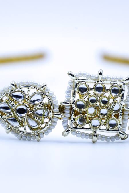 Foot Fuel Gold Crystals, Beads Embellished Geometric Carved Brooch Hairband Online at Aza Fashions Foot Fuel_Gold Crystals, Beads Embellished Geometric Carved Brooch Hairband _Online_at_Aza_Fashions