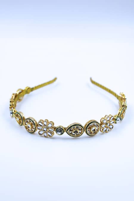 Foot Fuel Gold Beads Embellished Geometric Carved Brooch Hairband 