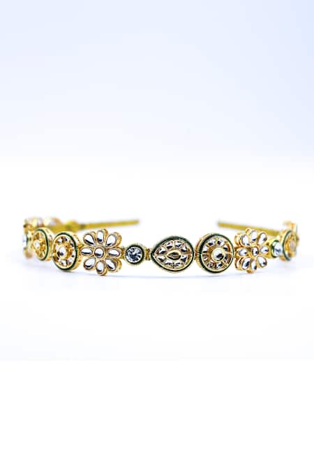 Shop Foot Fuel Gold Crystals, Beads Embellished Geometric Carved Brooch Hairband at Aza Fashions Shop_Foot Fuel_Gold Crystals, Beads Embellished Geometric Carved Brooch Hairband _at_Aza_Fashions
