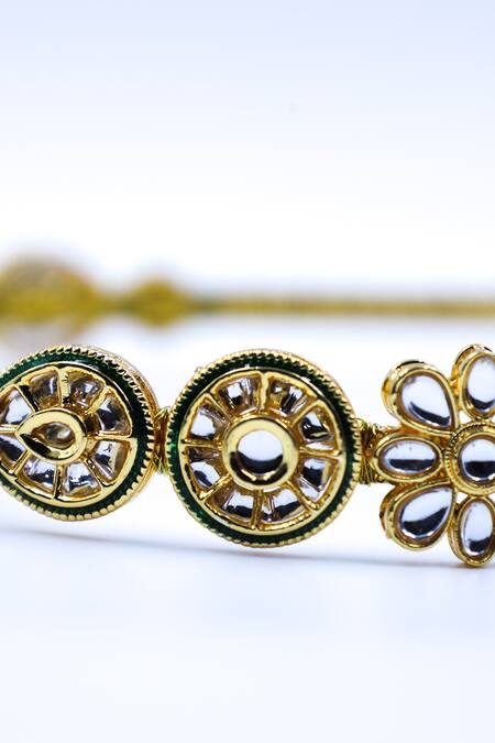 Foot Fuel Gold Crystals, Beads Embellished Geometric Carved Brooch Hairband Online at Aza Fashions Foot Fuel_Gold Crystals, Beads Embellished Geometric Carved Brooch Hairband _Online_at_Aza_Fashions