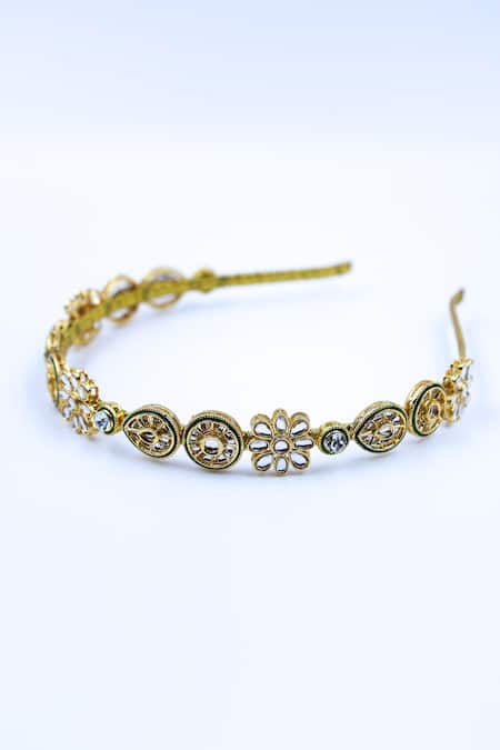 Buy Foot Fuel Gold Crystals, Beads Embellished Geometric Carved Brooch Hairband Online at Aza Fashions Buy_Foot Fuel_Gold Crystals, Beads Embellished Geometric Carved Brooch Hairband _Online_at_Aza_Fashions
