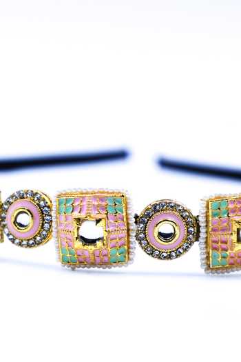 Foot Fuel_Gold Beads, Crystals Embellished Geometric Carved Brooch Hairband _Online_at_Aza_Fashions