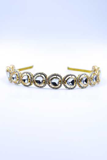 Foot Fuel Gold Crystals, Beads Embellished Circular Carved Brooch Hairband Online at Aza Fashions Foot Fuel_Gold Crystals, Beads Embellished Circular Carved Brooch Hairband _Online_at_Aza_Fashions
