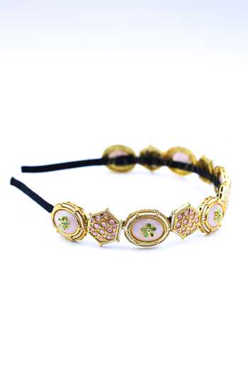 Buy_Foot Fuel_Gold Crystals, Beads Embellished Geometric Carved Brooch Hairband _Online_at_Aza_Fashions