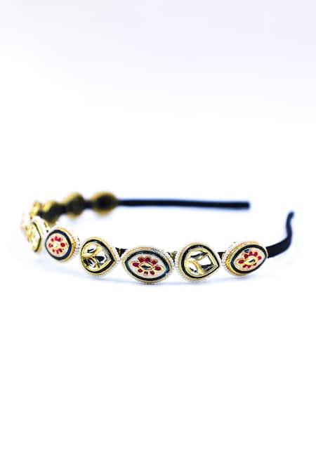 Foot Fuel_Gold Beads, Crystals Embellished Geometric Carved Brooch Hairband _Online_at_Aza_Fashions