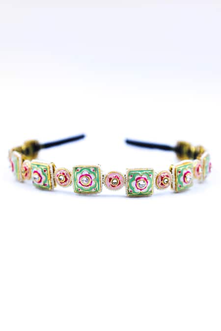 Foot Fuel_Gold Beads, Crystals Embellished Geometric Carved Brooch Hairband _Online_at_Aza_Fashions