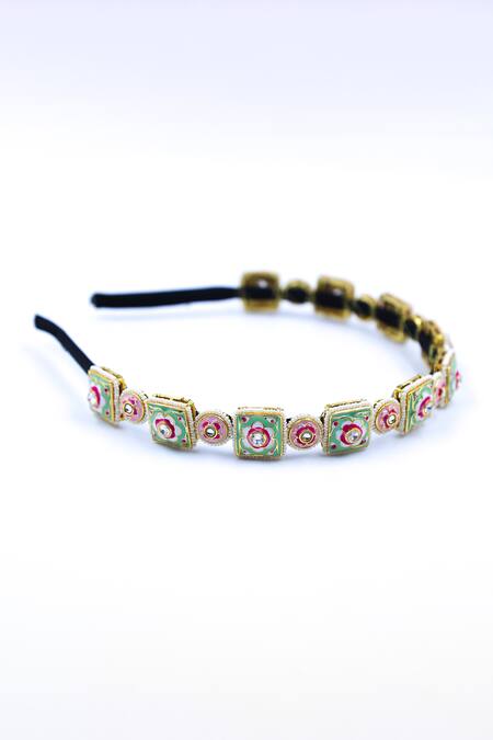 Shop_Foot Fuel_Gold Beads, Crystals Embellished Geometric Carved Brooch Hairband _Online_at_Aza_Fashions