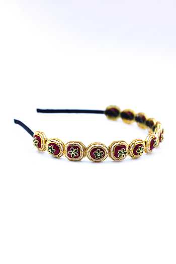 Foot Fuel_Gold Crystals, Beads Embellished Geometric Carved Brooch Hairband _Online_at_Aza_Fashions