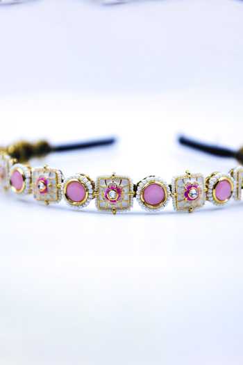 Foot Fuel_Pink Crystals, Beads Embellished Geometric Carved Brooch Hairband _Online_at_Aza_Fashions