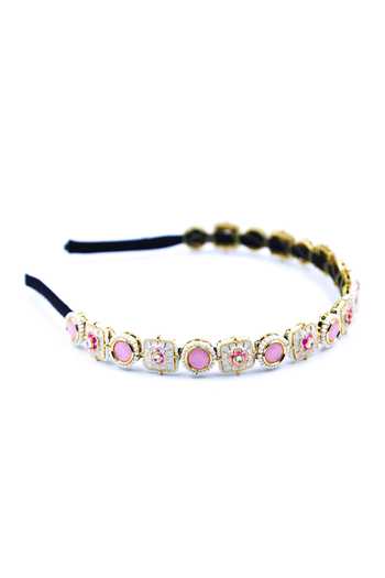 Buy_Foot Fuel_Pink Crystals, Beads Embellished Geometric Carved Brooch Hairband _Online_at_Aza_Fashions