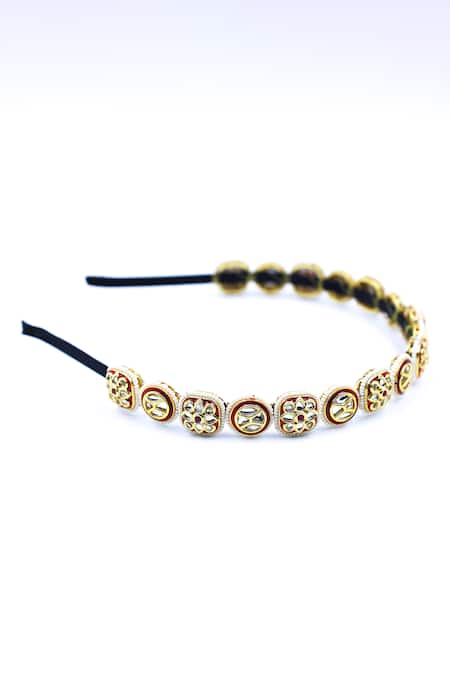 Shop Foot Fuel Gold Crystals, Beads, Brooches Cutwork Floral Embellished Hairband at Aza Fashions Shop_Foot Fuel_Gold Crystals, Beads, Brooches Cutwork Floral Embellished Hairband _at_Aza_Fashions