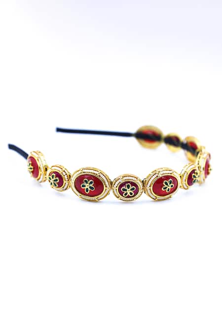 Shop Foot Fuel Gold Crystals, Beads, Brooches Oval Carved Hairband at Aza Fashions Shop_Foot Fuel_Gold Crystals, Beads, Brooches Oval Carved Hairband _at_Aza_Fashions