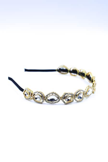 Buy_Foot Fuel_Gold Crystals, Beads, Brooches Geometric Carved Embellished Hairband _Online_at_Aza_Fashions