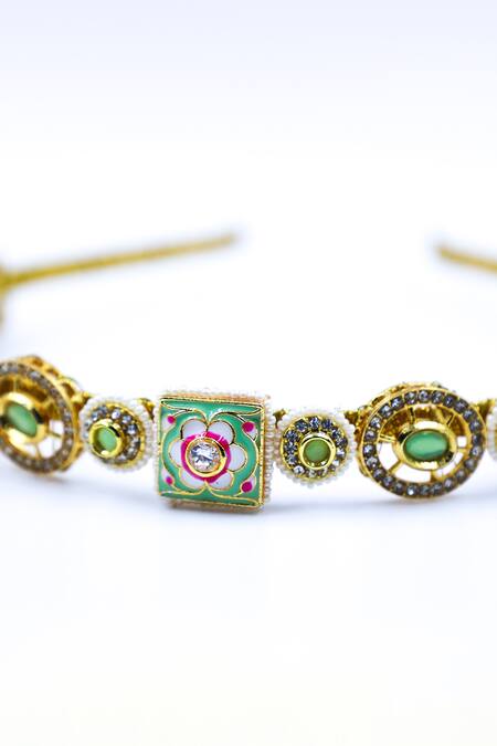 Foot Fuel_Gold Crystals, Beads, Brooches Carved Floral Bloom Embellished Hairband _Online_at_Aza_Fashions