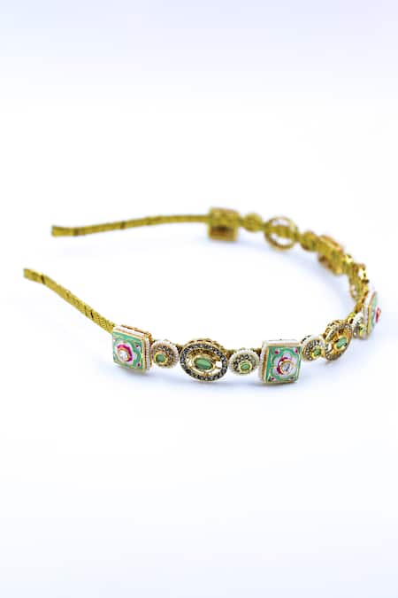 Buy_Foot Fuel_Gold Crystals, Beads, Brooches Carved Floral Bloom Embellished Hairband _Online_at_Aza_Fashions