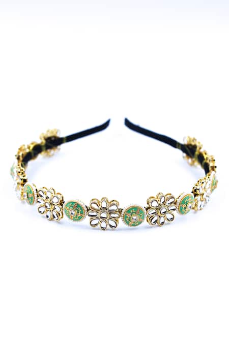 Shop Foot Fuel Gold Crystals, Beads, Brooches Carved Floral Embellished Hairband at Aza Fashions Shop_Foot Fuel_Gold Crystals, Beads, Brooches Carved Floral Embellished Hairband _at_Aza_Fashions