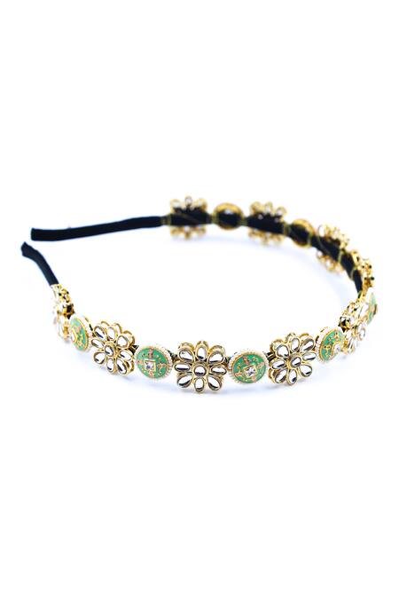 Buy Foot Fuel Gold Crystals, Beads, Brooches Carved Floral Embellished Hairband Online at Aza Fashions Buy_Foot Fuel_Gold Crystals, Beads, Brooches Carved Floral Embellished Hairband _Online_at_Aza_Fashions
