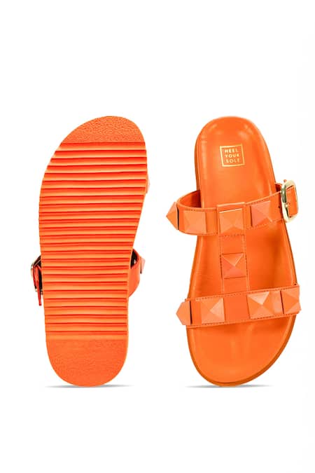 Shop Heel Your Sole Orange Quad Studs Buckle Sliders at Aza Fashions Shop_Heel Your Sole_Orange Quad Studs Buckle Sliders _at_Aza_Fashions