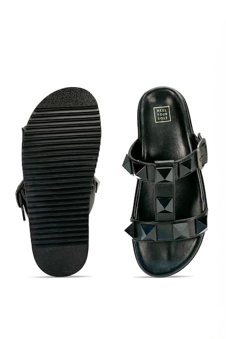 Shop Heel Your Sole Black Quad Studs Emebllished Sliders at Aza Fashions Shop_Heel Your Sole_Black Quad Studs Emebllished Sliders _at_Aza_Fashions