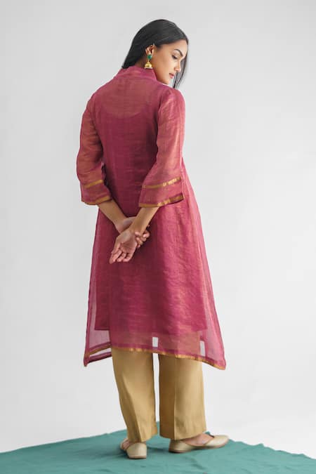 Shop Mushio Purple Cotton Beads, Sequins V-neck Rim Jhim Embellished Kurta Set at Aza Fashions Shop_Mushio_Purple Cotton Beads, Sequins V-neck Rim Jhim Embellished Kurta Set _at_Aza_Fashions