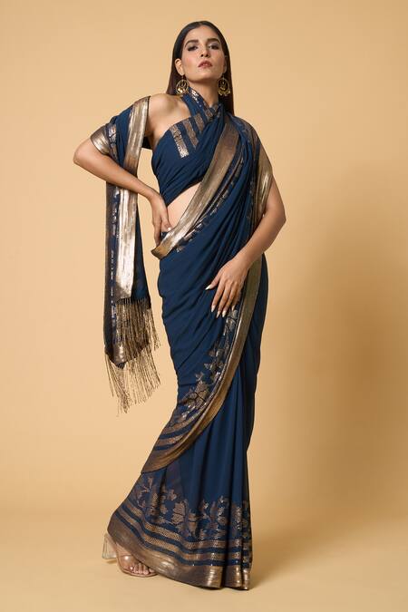 Buy Nakul Sen Blue Silk, Chiffon Sequins, Embroidery Floral Saree With Unstitched Bouse Piece Buy_Nakul Sen_Blue Silk, Chiffon Sequins, Embroidery Floral Saree With Unstitched Bouse Piece