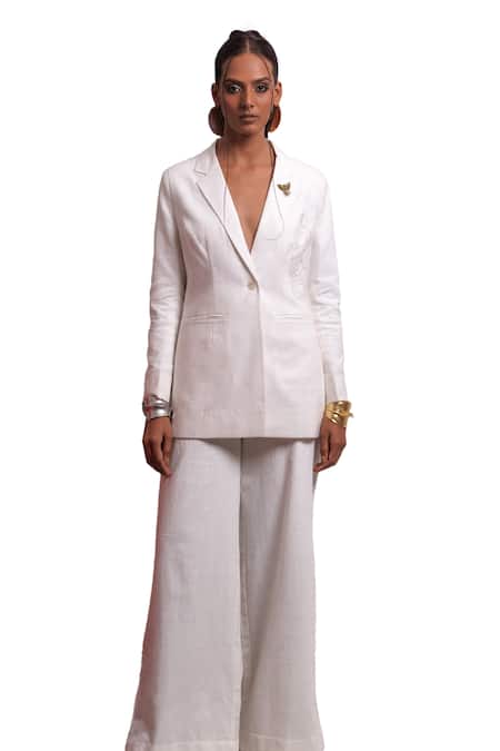 Nautanky Ivory Handloom Cotton Embroidery Etheral Floral Blazer With Pant Online at Aza Fashions Nautanky_Ivory Handloom Cotton Embroidery Etheral Floral Blazer With Pant _Online_at_Aza_Fashions