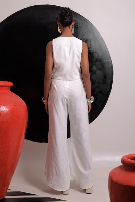 Shop_Nautanky_Ivory Handloom , Embroidery V-neck Cosmic Floral Vest With Pant _at_Aza_Fashions