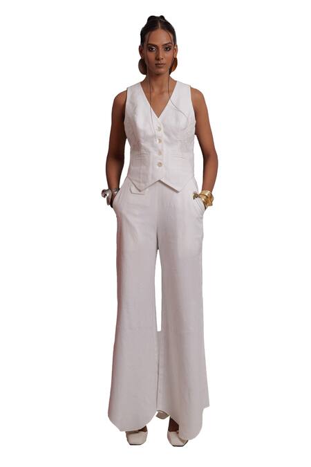 Nautanky_Ivory Handloom , Embroidery V-neck Cosmic Floral Vest With Pant _Online_at_Aza_Fashions