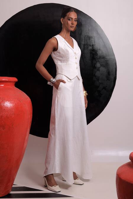 Shop_Nautanky_Ivory Handloom , Embroidery V-neck Cosmic Floral Vest With Pant _Online_at_Aza_Fashions