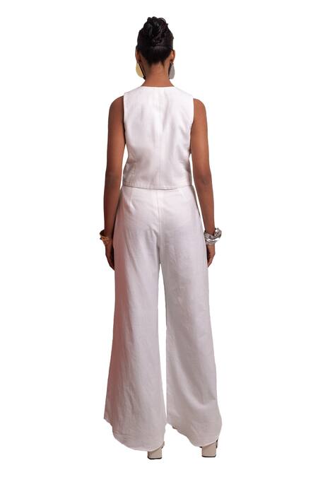 Nautanky_Ivory Handloom , Embroidery V-neck Cosmic Floral Vest With Pant _at_Aza_Fashions