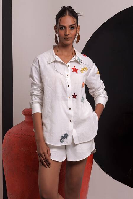 Buy_Nautanky_Ivory Handloom , Sequins, Serendipity Patchwork Shirt With Shorts _Online_at_Aza_Fashions