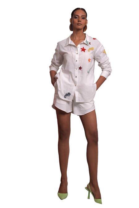 Shop_Nautanky_Ivory Handloom , Sequins, Serendipity Patchwork Shirt With Shorts _Online_at_Aza_Fashions