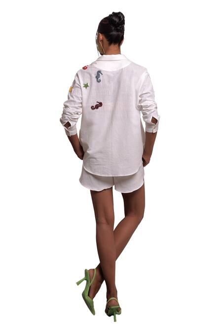 Shop_Nautanky_Ivory Handloom , Sequins, Serendipity Patchwork Shirt With Shorts 