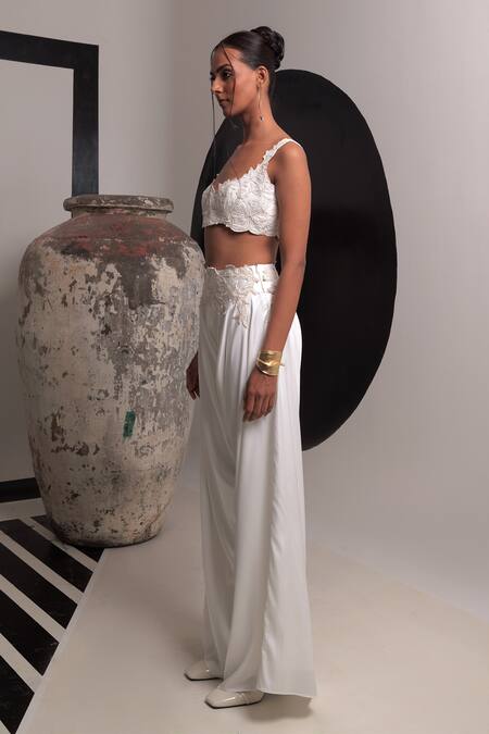 Shop Nautanky Ivory Handloom Cotton Embroidery Sweetheart Serenity Floral Bustier With Pant Shop_Nautanky_Ivory Handloom Cotton Embroidery Sweetheart Serenity Floral Bustier With Pant
