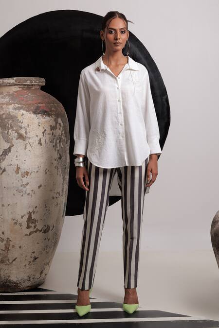 Nautanky Ivory Handloom , Embroidery Collared Harmony Shirt With Pant Online at Aza Fashions Nautanky_Ivory Handloom , Embroidery Collared Harmony Shirt With Pant _Online_at_Aza_Fashions