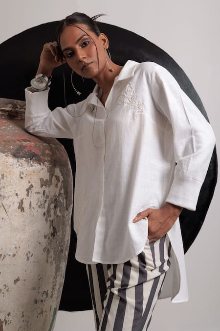 Shop Nautanky Ivory Handloom , Embroidery Collared Harmony Shirt With Pant Shop_Nautanky_Ivory Handloom , Embroidery Collared Harmony Shirt With Pant