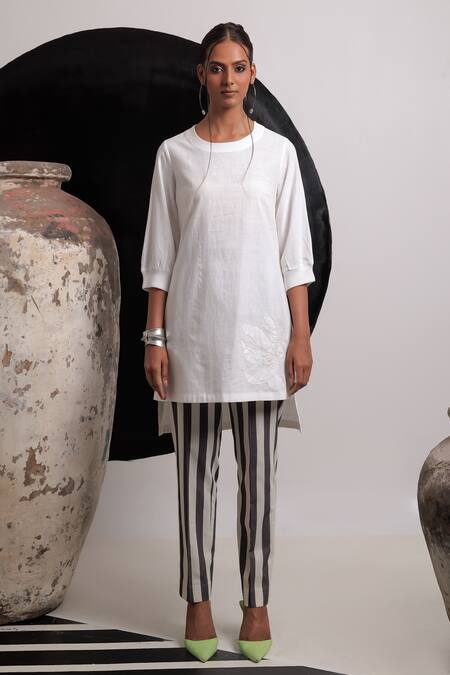 Nautanky Ivory Cotton Embroidery Round Neck Yin Yang Floral Kurta With Pant Online at Aza Fashions Nautanky_Ivory Cotton Embroidery Round Neck Yin Yang Floral Kurta With Pant _Online_at_Aza_Fashions