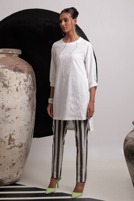 Shop Nautanky Ivory Cotton Embroidery Round Neck Yin Yang Floral Kurta With Pant Online at Aza Fashions Shop_Nautanky_Ivory Cotton Embroidery Round Neck Yin Yang Floral Kurta With Pant _Online_at_Aza_Fashions