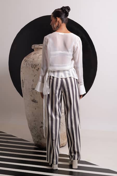 Shop Nautanky Ivory Organza, Handloom Cotton V-neck Wabi Shirt With Pant Set at Aza Fashions Shop_Nautanky_Ivory Organza, Handloom Cotton V-neck Wabi Shirt With Pant Set _at_Aza_Fashions